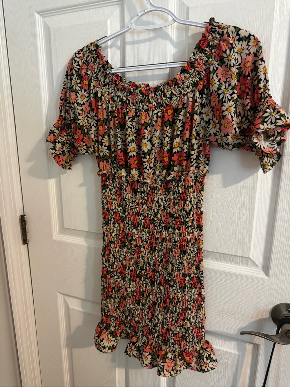 Floral Smocked Off-Shoulder Mini Dress in Black and Pink